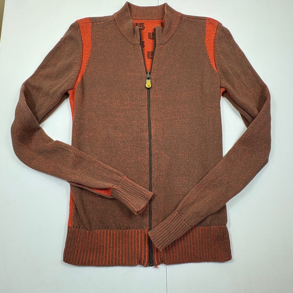 Burton Full Zip‎ Mock Neck Sweater Brown Orange Marled Knit Logo Print Womens S